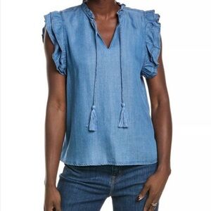 Nanette Lepore Chambray Ruffle Sleeve Tie Neck Top